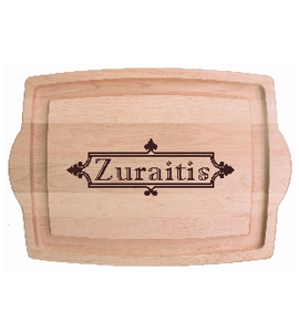 Maple Farmhouse 20x14 Cutting Board with Last Name and Scroll Border